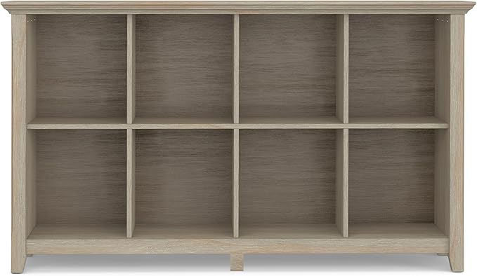 SIMPLIHOME Acadian Console Table - 57 Inch Wide Solid Wood 8-Cube Storage Sofa Table in Distressed Grey, Transitional Storage Unit for Living Room or Bedroom with Grooved Side Panels and Tapered Legs