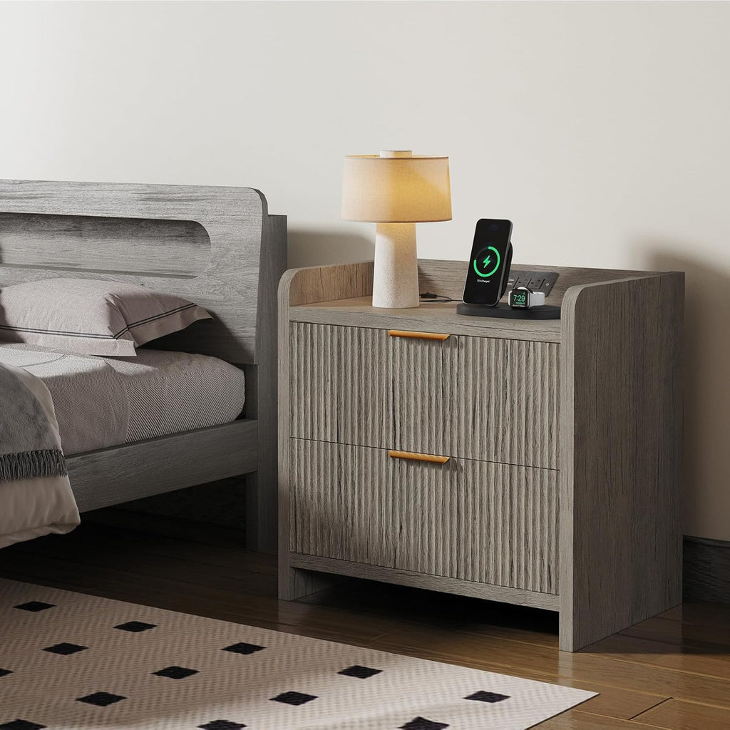 Fluted Nightstand Set of 2, 23.6" Modern Night Stand with Charging Station, Bedside Table with 2 Drawers, Modern Wood Night Stand Set 2 for Bedroom, Living Room, Grey