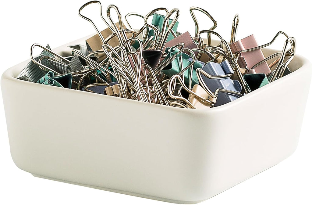 Mecaikru Ceramic Paper Clip Holder for Desk Cute Binder Holder Paperclip Holders for Office Paper Clips Dispenser Organizer desk décor (white)