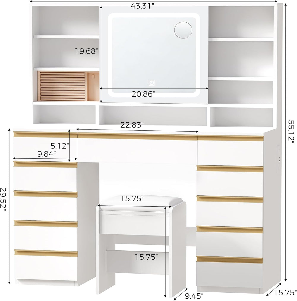 ANWBROAD Large Vanity Desk with Sliding Mirror and Lights& Jewelry Storag...