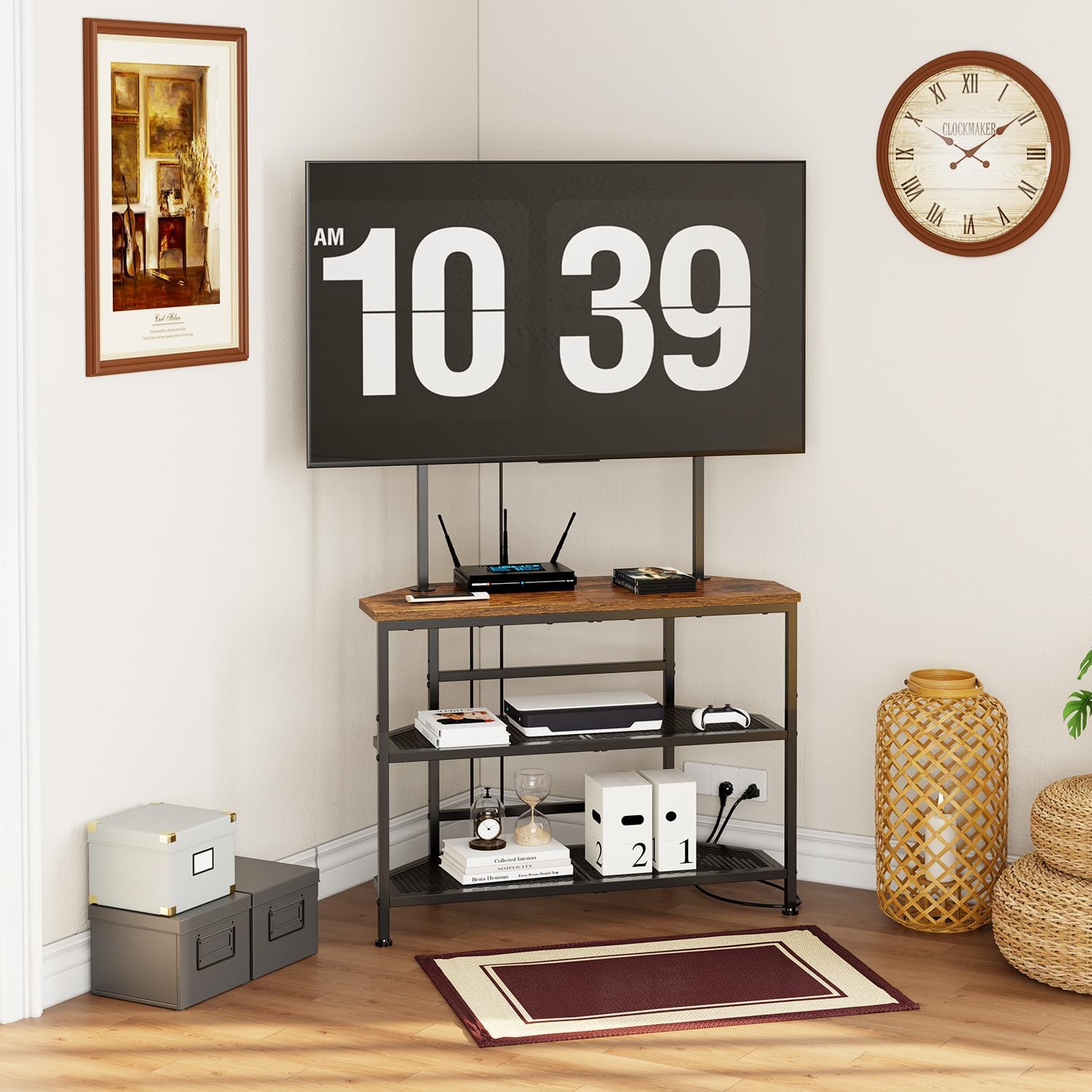 23" to 60" Floor Corner TV Stand For Bedroom With Mount, Universal Corner TV Desk Table With Storage Shelves For Bedroom Small Space,Rustic Television Stands Desk,Heavy Duty Structure,Adjustable Feet