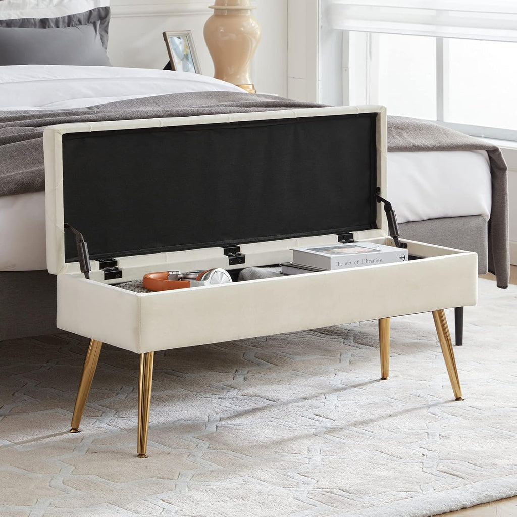 Gitrah Storage Bench Entryway Bench End of Bed Bench Ottoman Upholstered Velvet Bedroom Bench Tufted Bench with Golden Legs 40" Cream