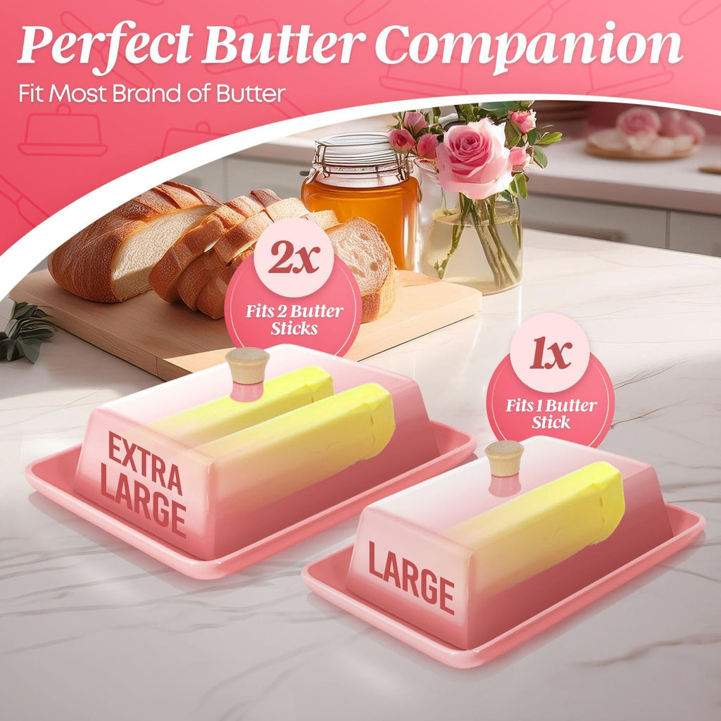 Flexzion Ceramic Pink European Butter Dish with Lid for Countertop (7 Inch) - Wide 2 Stick Double Butter Holder for Counter, Cream Cheese Container Storage Keeper