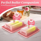 Flexzion Ceramic Pink European Butter Dish with Lid for Countertop (7 Inch) - Wide 2 Stick Double Butter Holder for Counter, Cream Cheese Container Storage Keeper