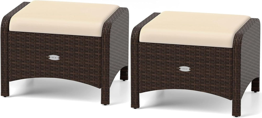 RELAX4LIFE Wicker Outdoor Ottomans for Patio - Set of 2 Rattan Footstools w/R...