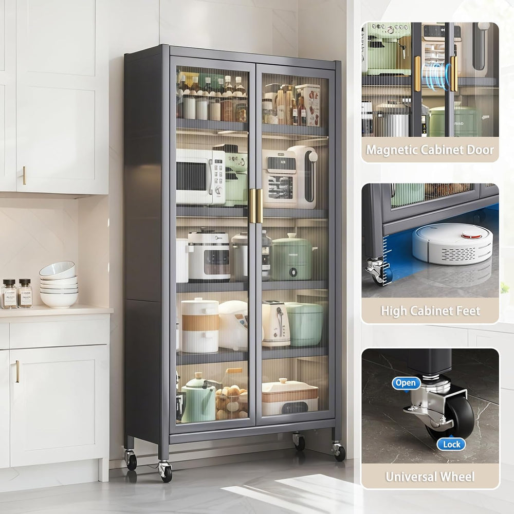65" Kitchen Pantry Cabinet with Wheels & Adjustable Shelves, 6-Tier ...