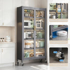 65" Kitchen Pantry Cabinet with Transparent Door – 6-Tier Metal Storage Cabinet for Food, Adjustable Shelves & Wheels, Freestanding Pantry Organizer for Kitchen, Dining Room, Living Room， Gray