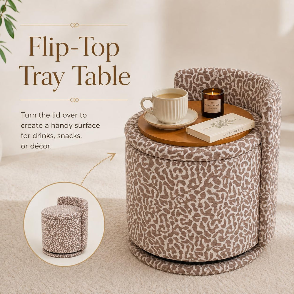 360° Swivel Makeup Chair with Storage, Leopard Upholstered Accent Stool with ...
