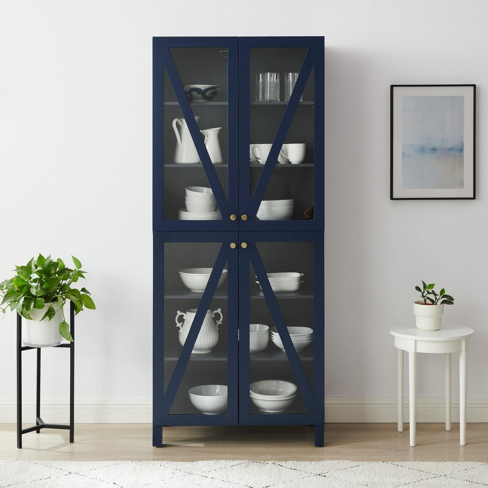 Maykoosh Tall Kitchen Pantry - Stackable Storage Cabinet with Glass Doors, Navy