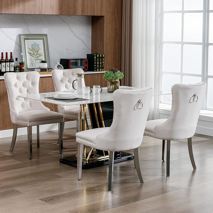 Luxury Upholstered Dining Chairs Set of 4, Beige Kitchen Chair with Silver Metal Legs, Velvet Tufted Back Dining Chair, Sillas de Comedor, Modern Kitchen & Dining Room Chairs (Beige, 4 Pcs)