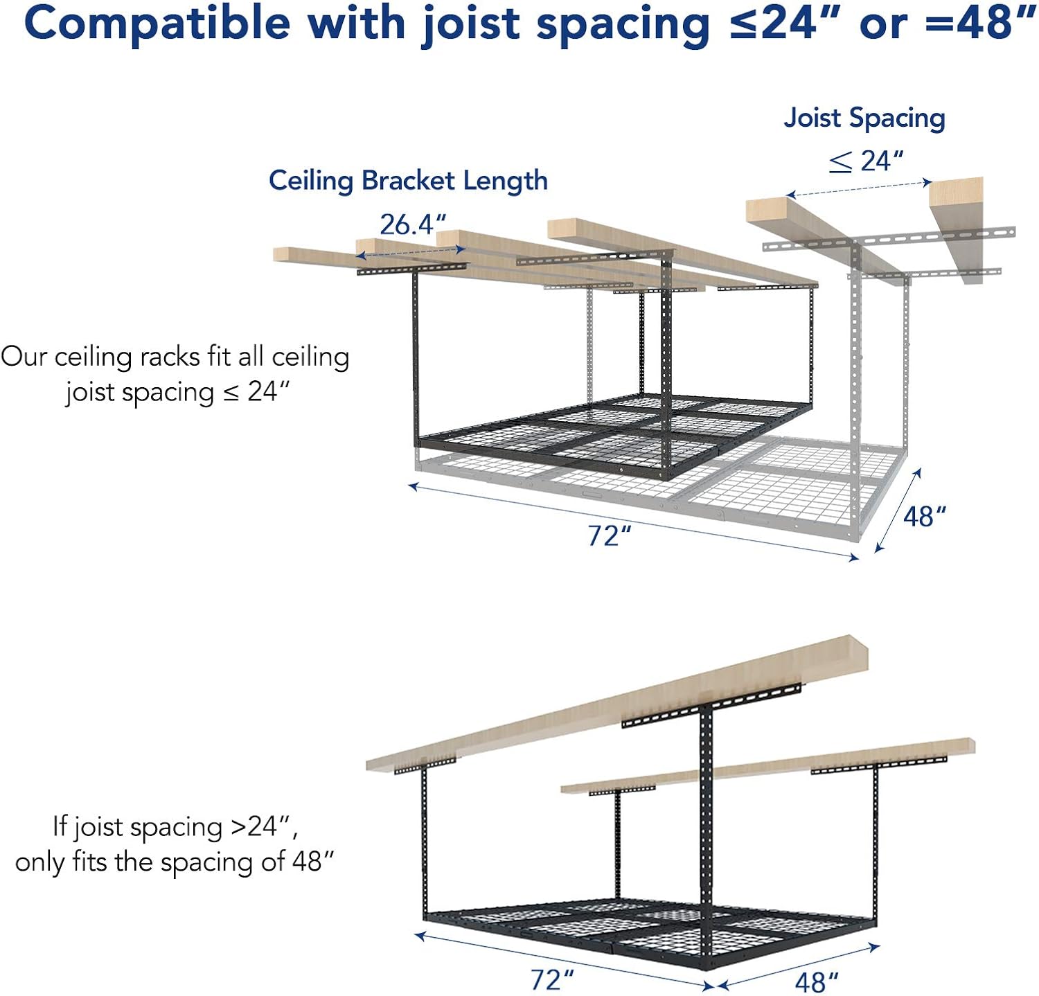 FLEXIMOUNTS 4x6 Overhead Garage Storage Adjustable Ceiling Rack 72" Length x 48" Width x 40" Height, 450lbs Weight Capacity, Black, Classic Series
