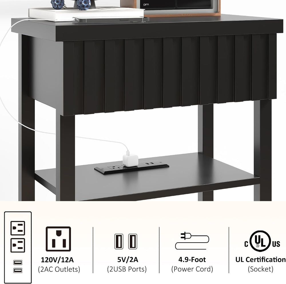 3imothrix Narrow End Table with Charging Station, Fluted Side Table with Draw...