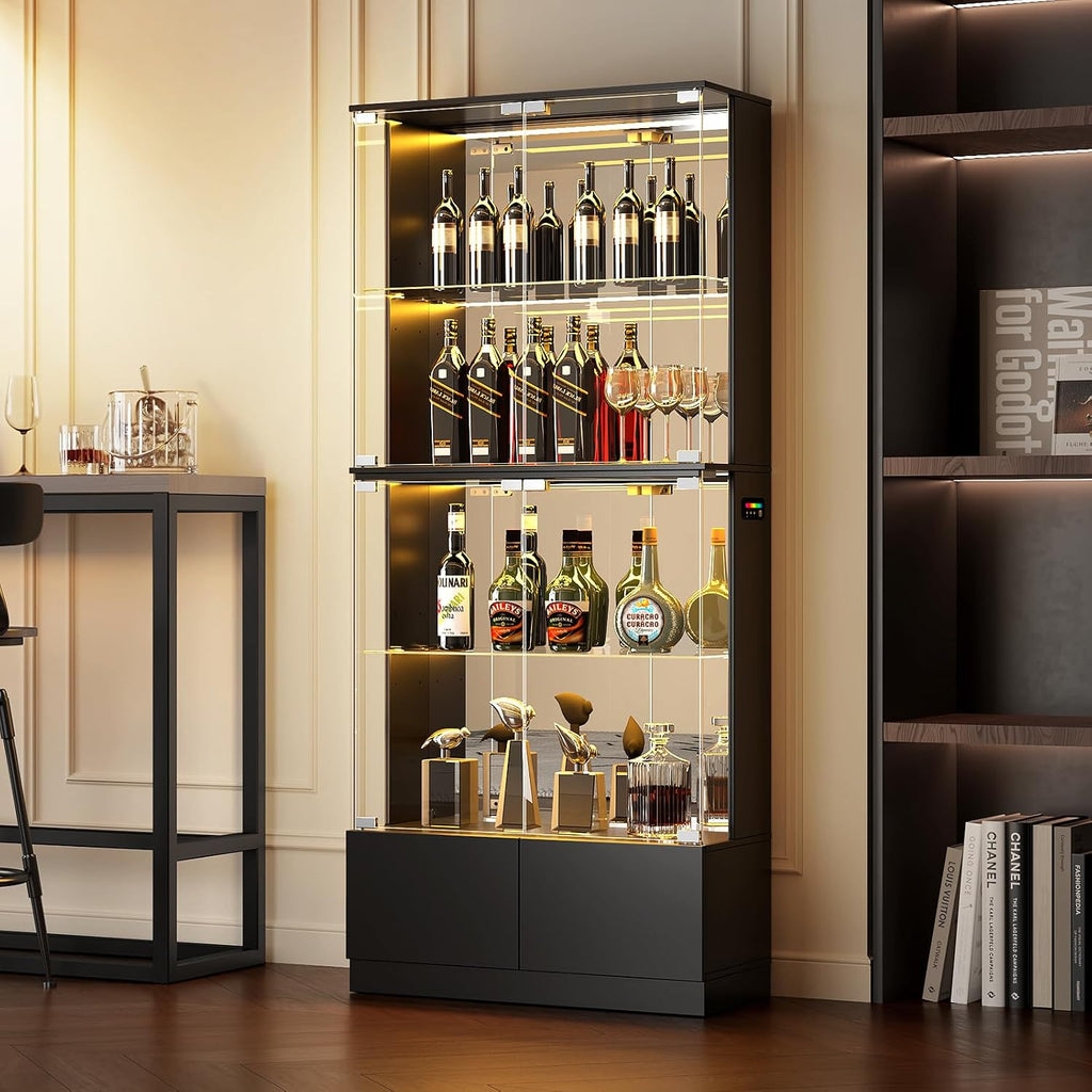 VersionTECH. Display Cabinet with Glass Doors, 4-Tier Curio Cabinet with RGB Lights for Collectibles, Display Case with 2 Drawers, Adjustable Glass Shelves, Human Body Sensor, Mirror Backing, Black