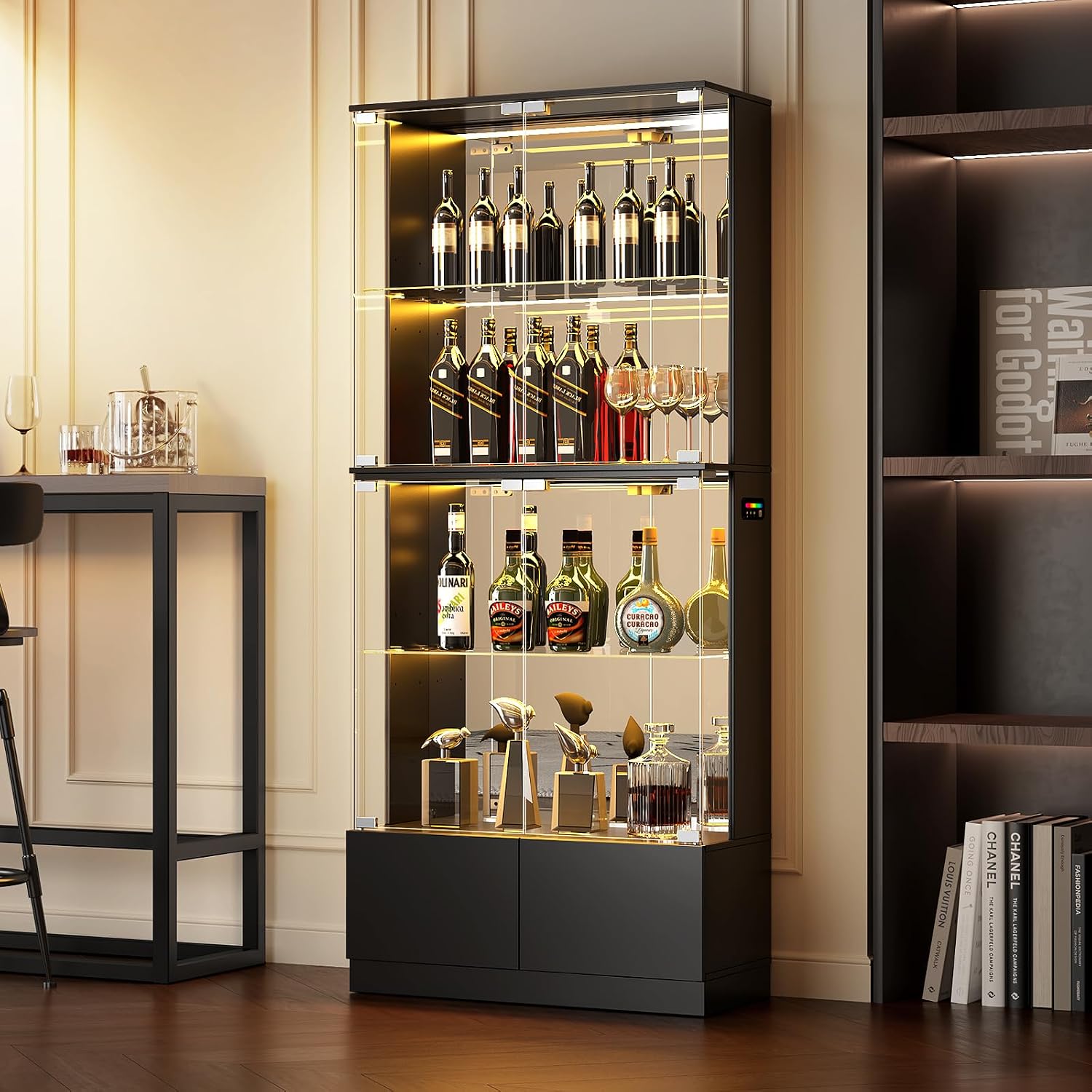 VersionTECH. Display Cabinet with Glass Doors, 4-Tier Curio Cabinet with RGB Lights for Collectibles, Display Case with 2 Drawers, Adjustable Glass Shelves, Human Body Sensor, Mirror Backing, Black