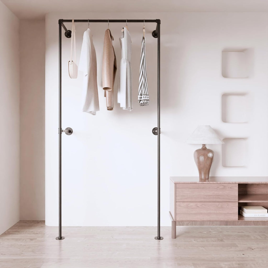 Industrial Pipe Clothing Rack, Heavy Duty Wall Mounted Clothes Rack, Retail Display Hanging Garment Rod for Laundry Rooms, Closet Storage, 14.6x37.4x82.7 Inches, Model K05