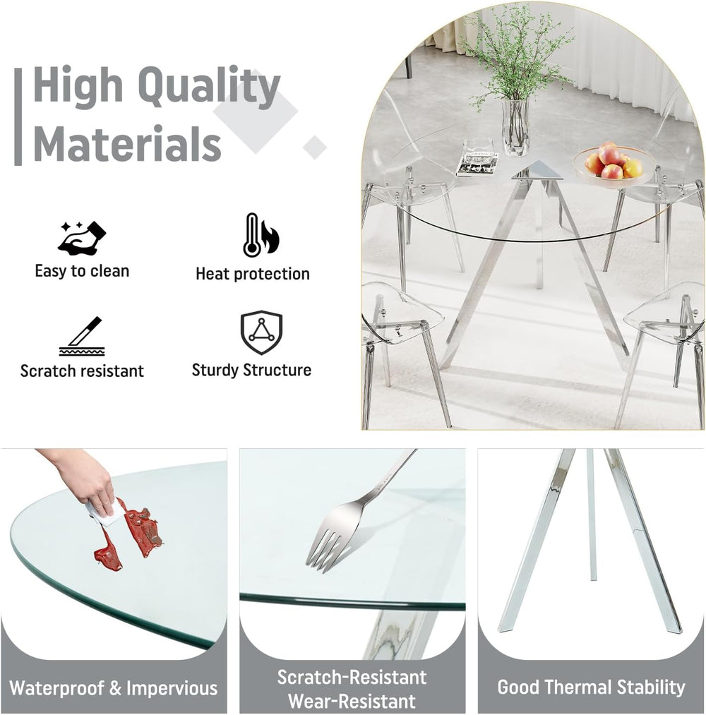 Round Dining Table Set for 4, 39" Clear Tempered Glass Table with Sliver...
