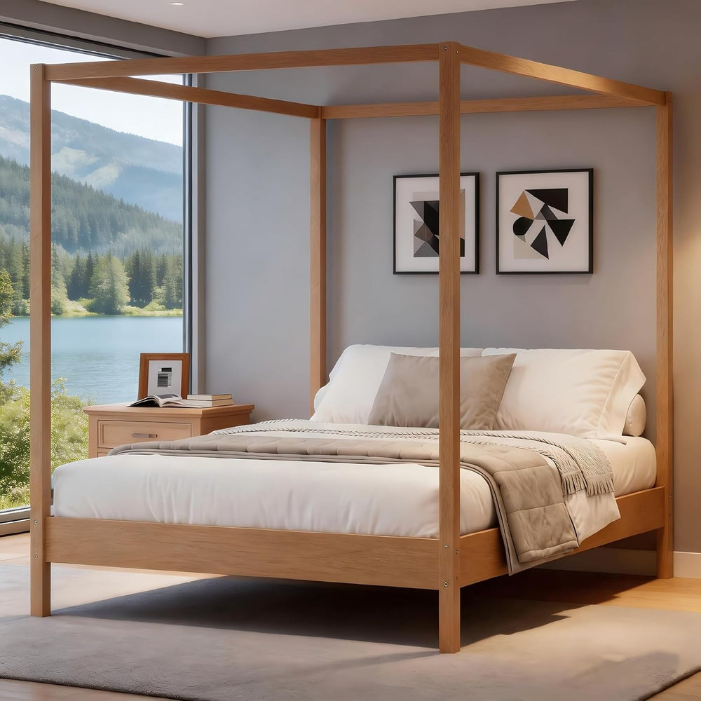 LUMISOL King Size Canopy Bed Frame, Solid Wood 4 Poster Canopy Platform Bed F...