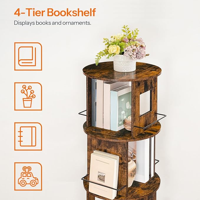 HOOBRO Rotating Bookshelf, 360° Spinning Bookshelf for Small Spaces, 4-Tier Floor Standing Bookcase Storage Rack, Wooden Corner Bookcase for Living Room, Study, Office, Rustic Brown and Black FG54SJ01