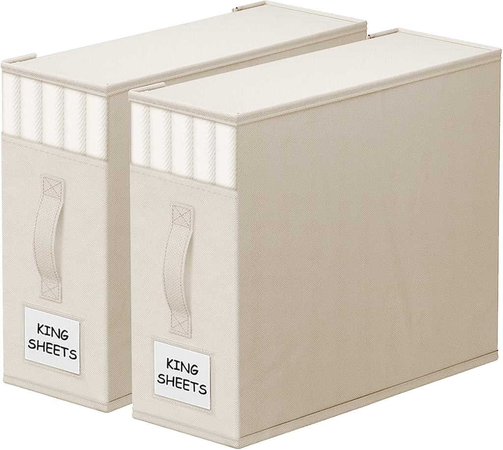 2 Pack Bed Sheet Closet Organizers and Storage,Sturdy Foldable Storage Containers with Window and Label,Storage and Organization for Bedding Sheets,Duvet Covers,Blankets (Beige)