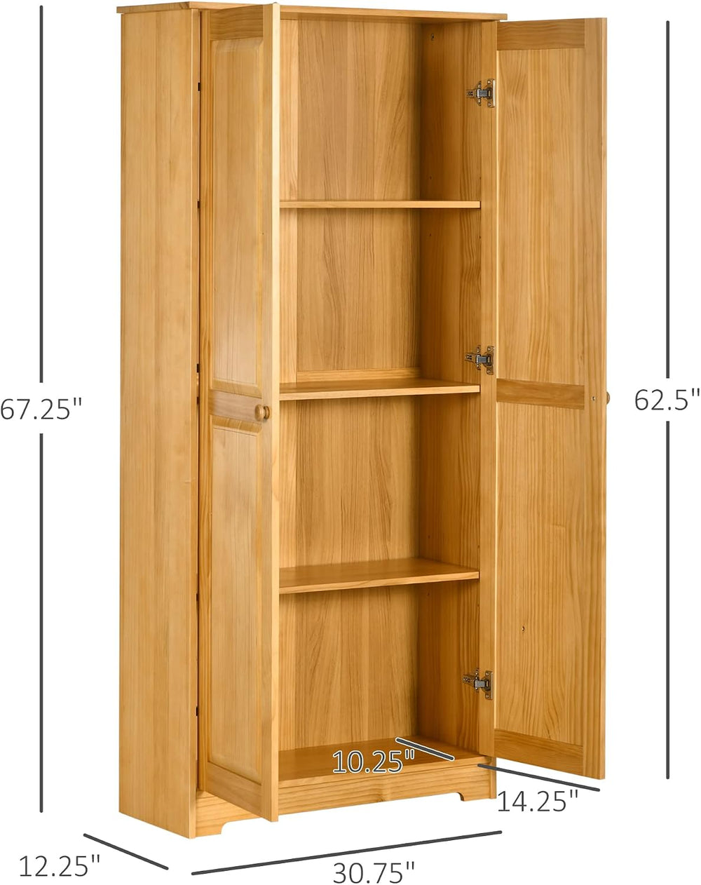 67" Kitchen Pantry Cabinet, Pinewood Storage Cabinet with 2 Door & A...
