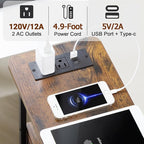 Narrow End Tables Living Room Set of 2 with Charging Station, Skinny Side Table with Fabric Drawers, Slim LED Nightstand for Bedroom, Small Spaces, Couch, Rustic Brown, HETNDP02LPBR