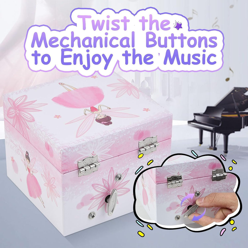 Girls Musical Jewelry Box with Drawer and Spinning Ballerina,Fairy Disign Kids Music Box for Little Girls Gifts Jewel Storage for Kids Ages 3-10