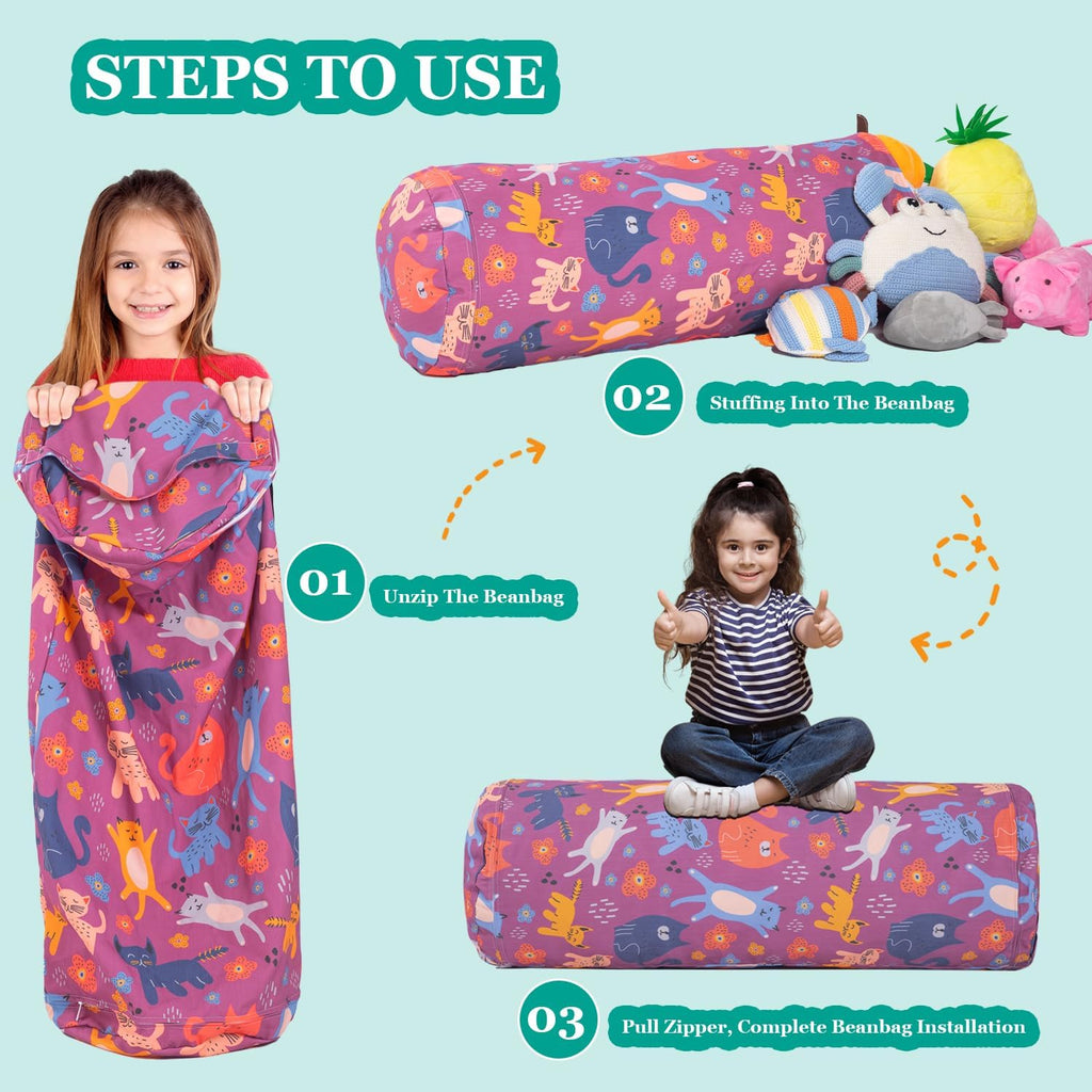 LOLOMLO Stuffed Animal Bean Bag Storage Chair for Kids Cover Only (No Filler), Organize, Sit, Play & Boxing, 100% Cotton Canvas Washable, Ultra Soft Cylinder Long Vertical Zipper Best Gift for Child