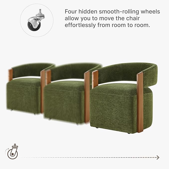 Upholstered Dining Chairs Set of 2, Barrel Modern Dining Room Chairs with Casters, Kitchen Side Wooden Armchair with Fabric Cushion Seat for Bedroom, Livingroom, Reading Room, Green, 2 Boxs