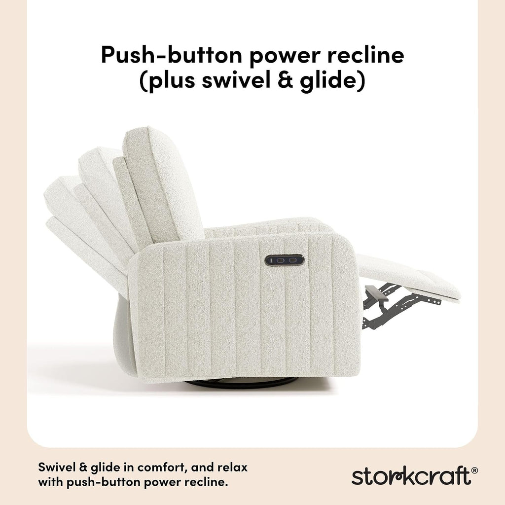 Storkcraft Kyoto Deluxe Power Recliner Swivel Glider, Ivory Boucle | Premium Electronic Power Recliner for Nursery, Includes Dual-USB Charging Port with USB-A & USB-C, Glider Rocking Chair