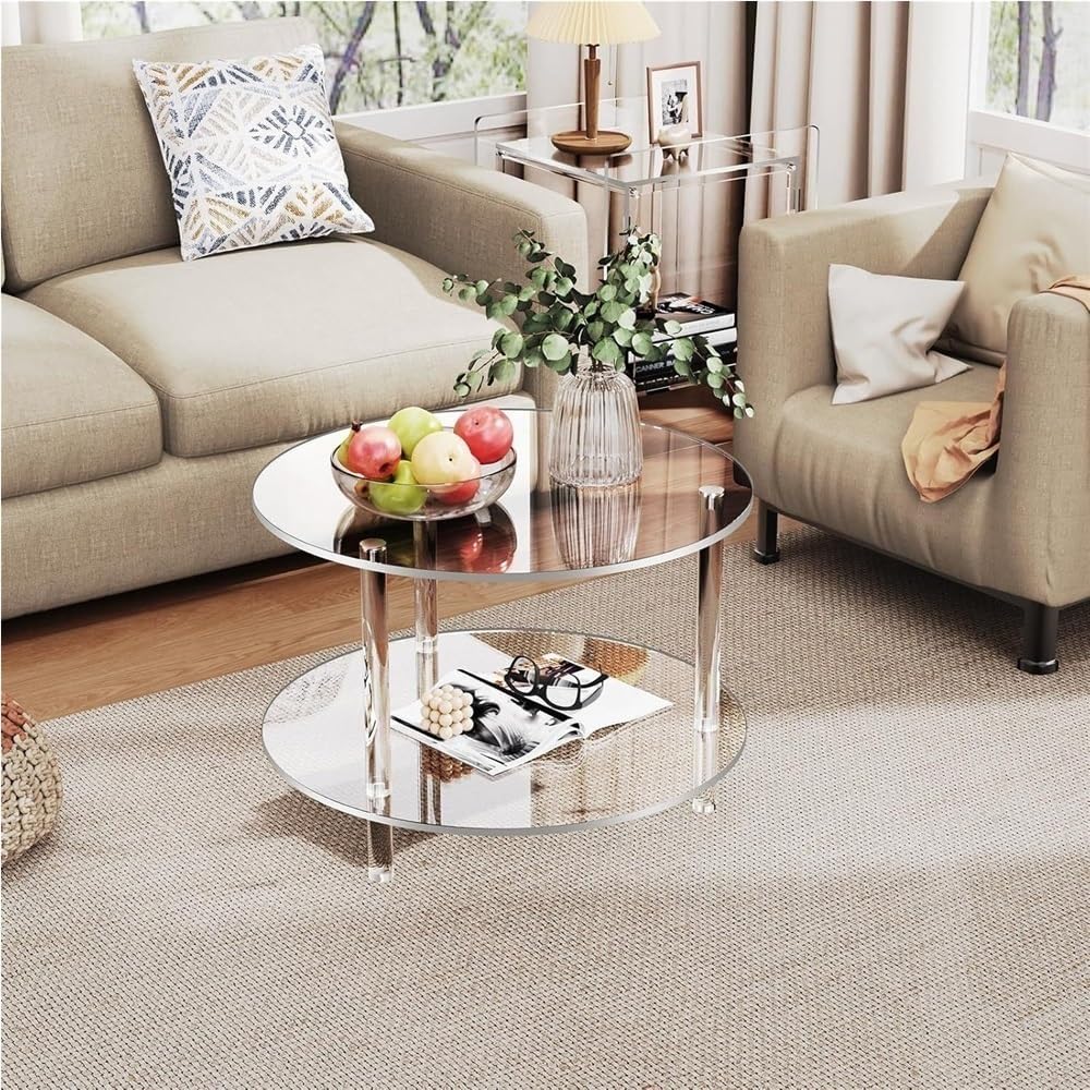 Acrylic Coffee Table, 2 Tier Round Coffee Table, Modern Clear Coffee Table, C...