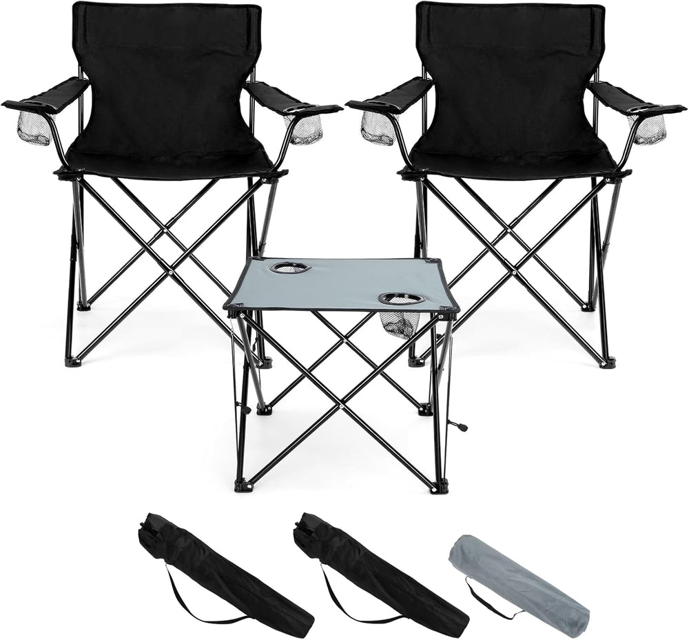 HaSteeL Folding Camping Chair Set of 3, Foldable Black Camp Chairs & Grey...