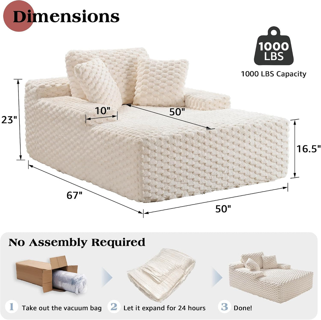 Jocisland 67 inch Chaise Lounge, No-Assembly Sofa Chaise with Throw Pillows and Armrests, Faux Fur Sleeper Sofa for Living Room, Apartments, Beige