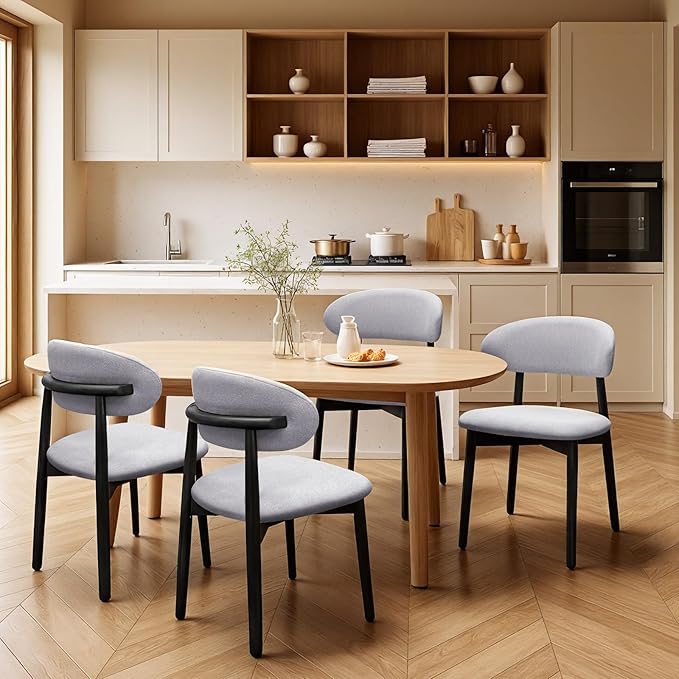 Farmhouse Dining Chairs Set of 8, Mid Century Modern Wooden Dining Room Chairs, Farmhouse Fabric Upholstered Kitchen Dinner Chairs for Living Room Restaurant Cafe, Black/Washed Blue