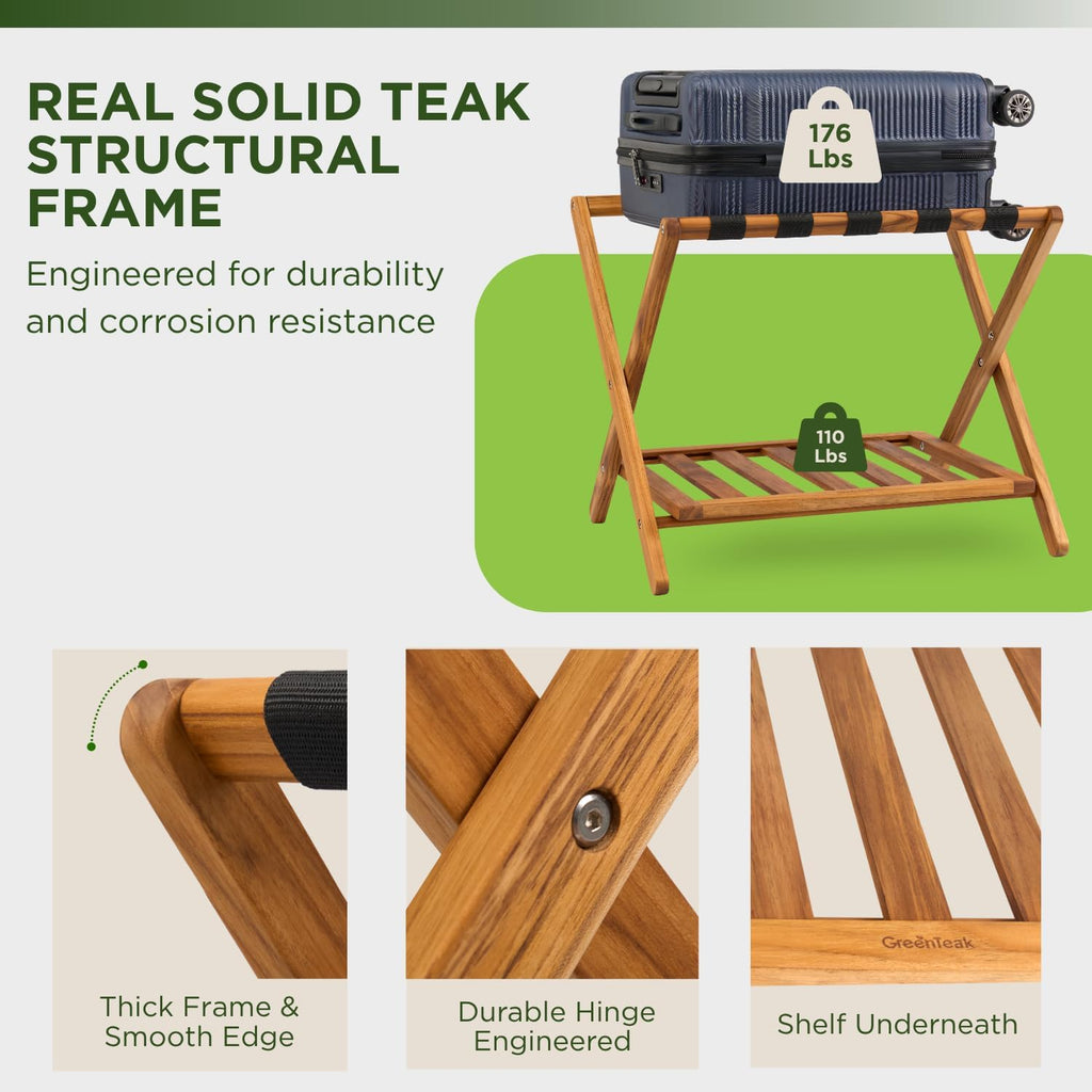 Set of 2 Premium Solid Teak Wood Luggage Racks with Shelf, 25" Foldable Suitcase Stands for Hotel, Airbnb & Resort | Heavy-Duty Hardwood Build, Holds 176 lbs Each, Reinforced Woven Straps