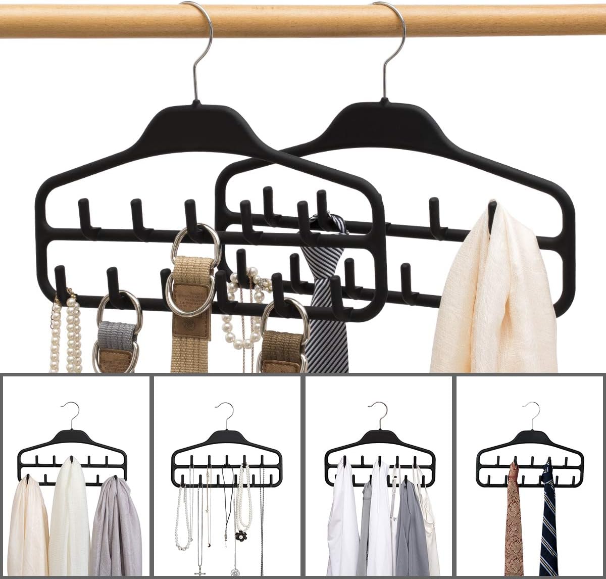 Belt Hanger, Tie Rack for Closet, Sturdy Belt Organizer with 360 Degree Swivel, 11 Large Sturdy Belt Hooks, Non Slip Rubberized Belt Rack, Black