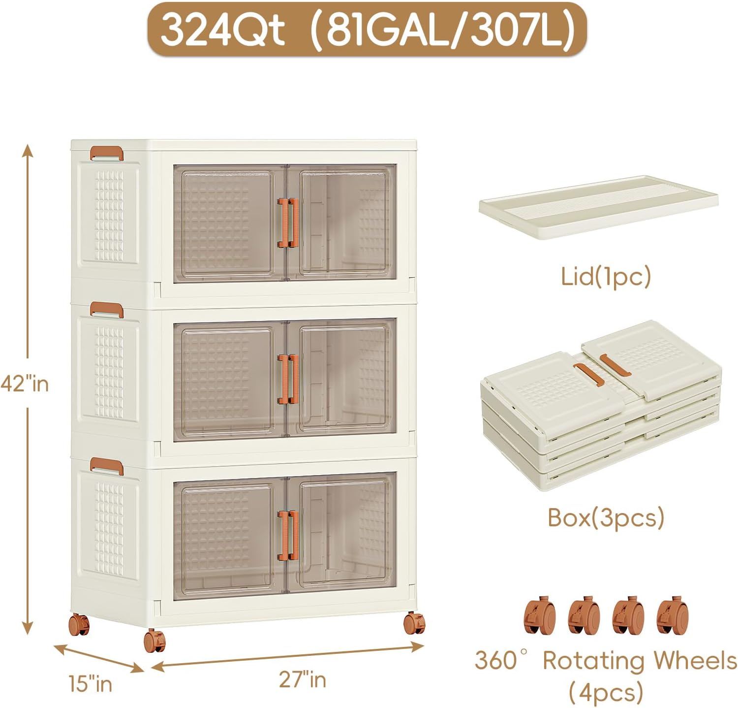 JEKO&JEKO 648 Qt Plastic Storage Bins with Lids, Doors & Wheels, 6 Pack Extra Large Stackable Collapsible Storage Cabinets and Closet Organizers for Home Office, Cream