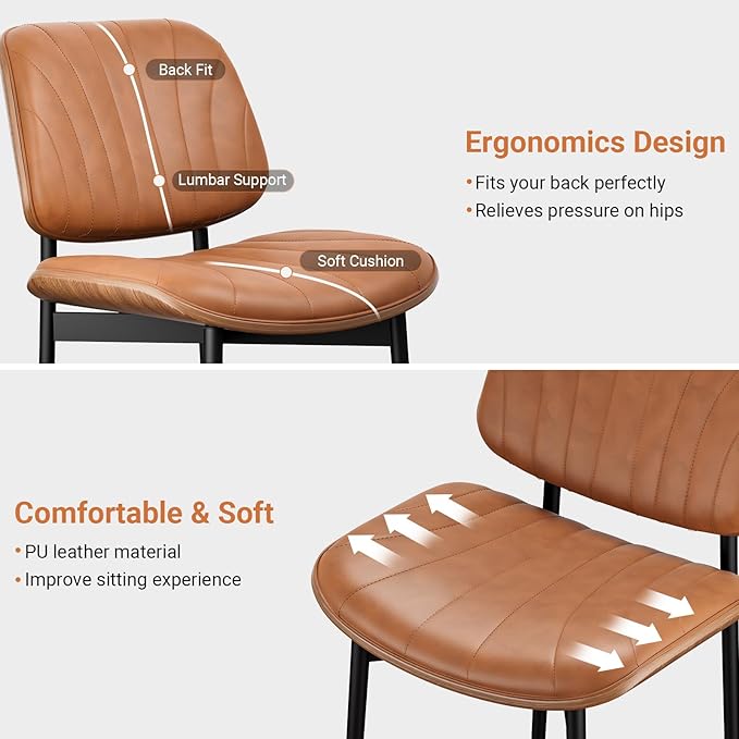 Dining Chairs Set of 4, Dining Room and Kitchen Chairs, Mid Century Modern Accent Chair, Upholstered PU Leather Chairs for Vanity with Walnut Bentwood and Metal Legs, Light Tan