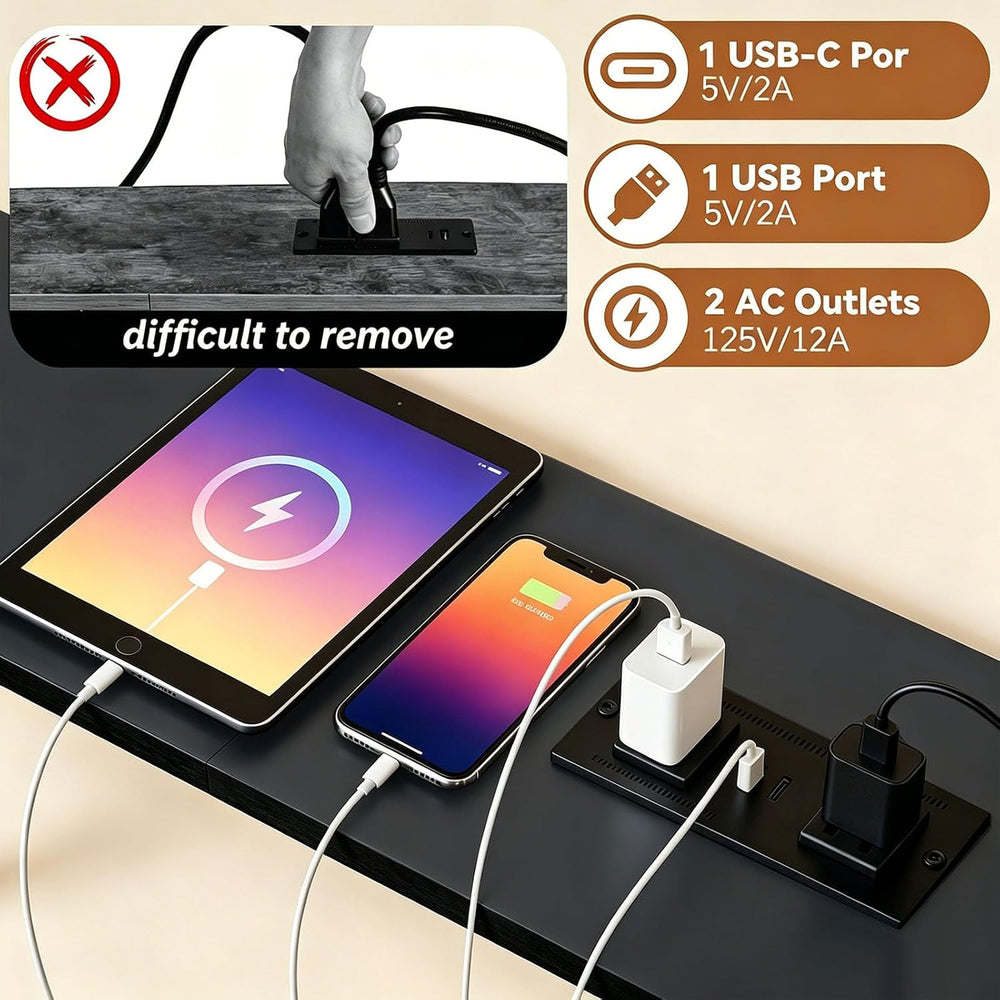 Adjustable Behind Couch Table with Outlets, Black