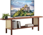 HollyHOME Bamboo TV Stand with Storage for TVs up to 65", Modern Entertainment Center with Rattan Side, Accent TV Table with 2 Shelf, Media Console TV Stand for Living Room, Bedroom, Walnut