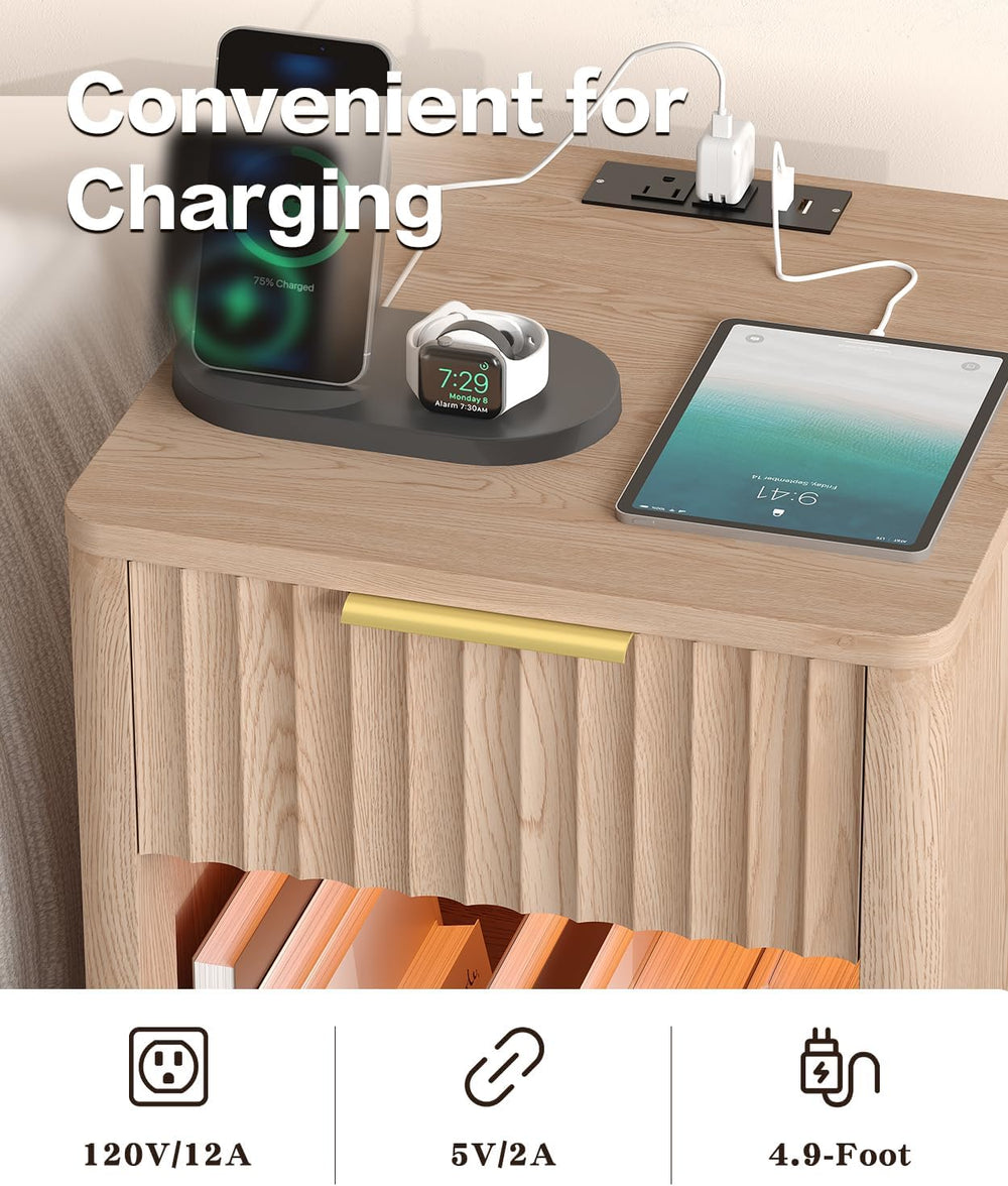 Akxomel Fluted Nightstand Set 2 Bedside Table with Charging Station Oak | Woo...