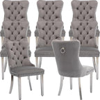 Mid Century Modern Dining Chairs Set of 8, Grey Velvet Upholstered Tufted Back, Kitchen & Dining Room Chairs, Brushed Silver Metal Legs, Nailhead Trim, Sillas para Comedor (Gray, 8 Pcs)