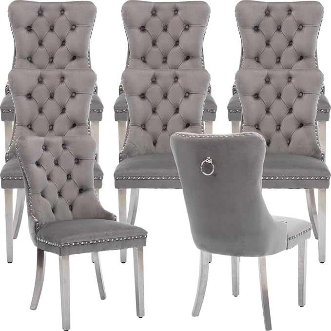 Mid Century Modern Dining Chairs Set of 8, Grey Velvet Upholstered Tufted Back, Kitchen & Dining Room Chairs, Brushed Silver Metal Legs, Nailhead Trim, Sillas para Comedor (Gray, 8 Pcs)