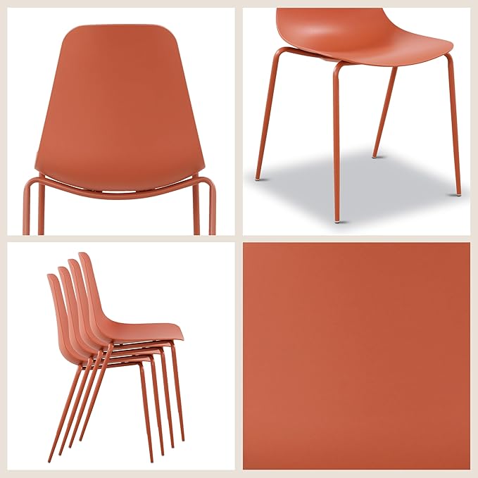 Poly & BARK Isla Stackable Dining Chairs Set of 4 – Mid Century Modern Plastic Dining Chair with Metal Legs – Kitchen & Dining Room Chairs – Dining Table Chairs Set – Indoor/Outdoor – Coral Red