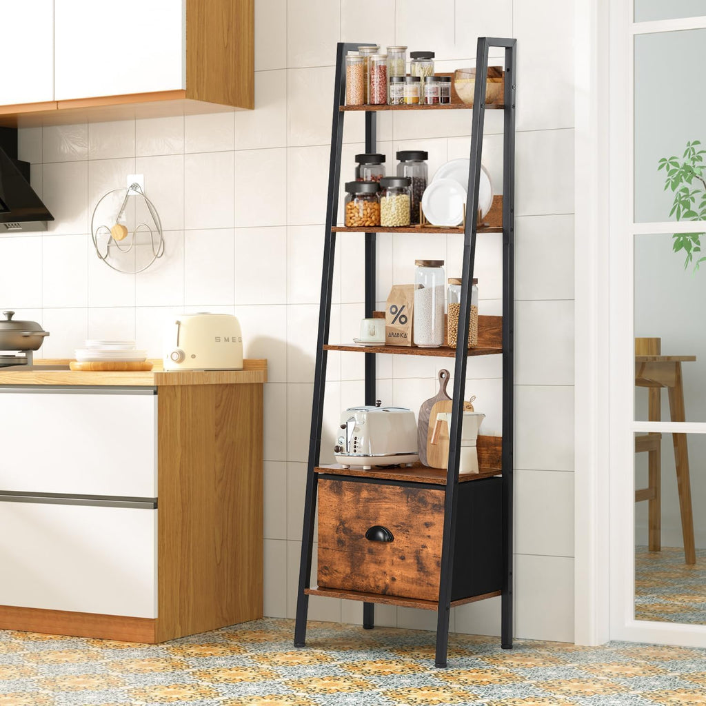 5 Tier Ladder Bookshelf Ladder Shelf, Rustic Bookcase Storage Rack Organizer with Removable Drawer, Wood Metal Freestanding Storage Shelf for Living Room, Home Office, Bedroom, Brown | Wood metal freestanding storage rack organizer for living room