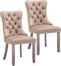 Mid Century Modern Dining Chair Set of 2 Velvet Upholstered Dining Accent Chair Farmhouse Dining Chairs with High Back and Nailhead Trim for Kitchen, Living Room, Bedroom (Khaki)