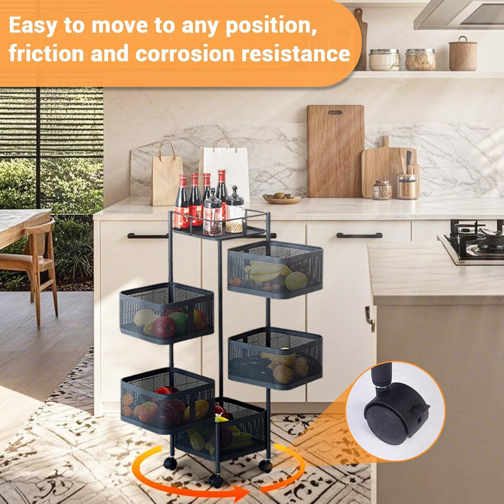 5Tier Rotating Kitchen Storage Organizer Rolling Cart with Removable Baskets