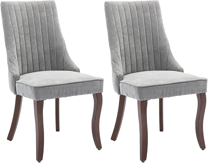 Grey Dining Chairs Set of 2，Linen Channel Tufted Kitchen Dining Room Chair with Curved Solid Wood Legs, Comfortable Fabric Upholstered Dining Chair for Dining Room, (Grey, 2pc)