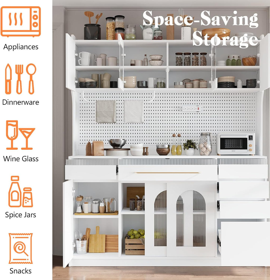 75" Pantry Cabinet, Wooden Cupboard with Power Outlet and 6 Storage Drawers, Large Kitchen Hutch Cabinet W/Countertop and Adjustable Shelves for Home Dining, 5 Cabinets/Pegboard/Towel Rack (White)