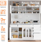 75" Pantry Cabinet, Wooden Cupboard with Power Outlet and 6 Storage Drawers, Large Kitchen Hutch Cabinet W/Countertop and Adjustable Shelves for Home Dining, 5 Cabinets/Pegboard/Towel Rack (White)