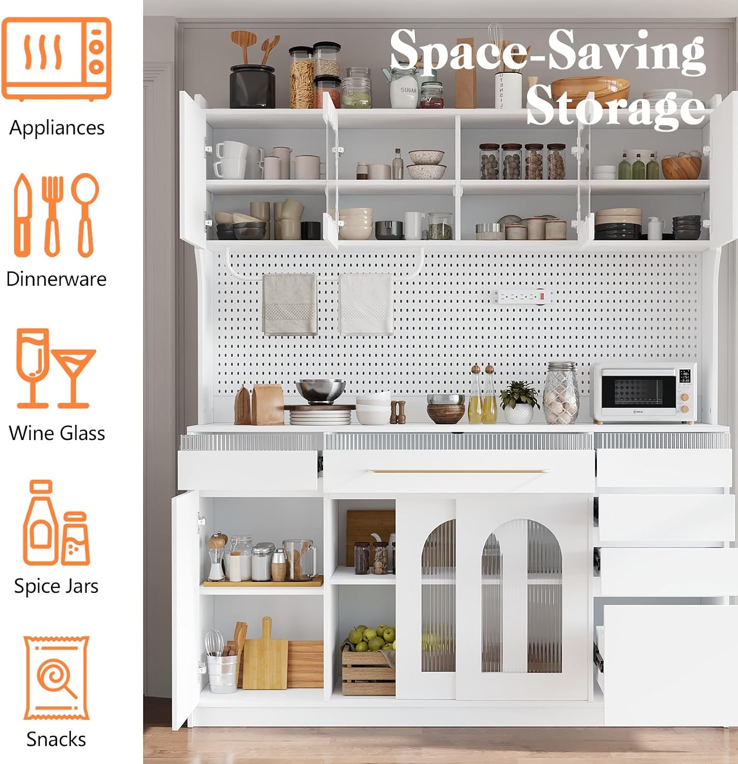 75" Pantry Cabinet, Wooden Cupboard with Power Outlet and 6 Storage Drawers, Large Kitchen Hutch Cabinet W/Countertop and Adjustable Shelves for Home Dining, 5 Cabinets/Pegboard/Towel Rack (White)